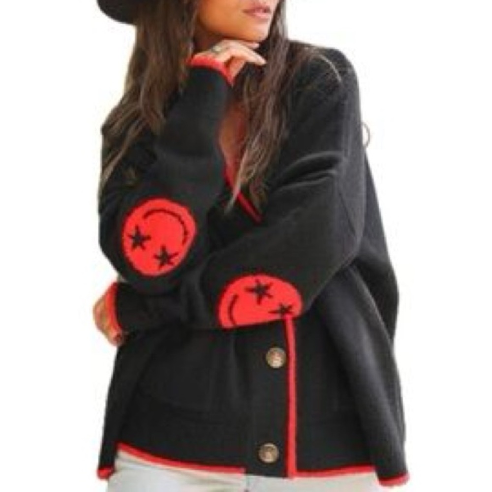 Fantastic Fawn Black Cardigan with Red Accents